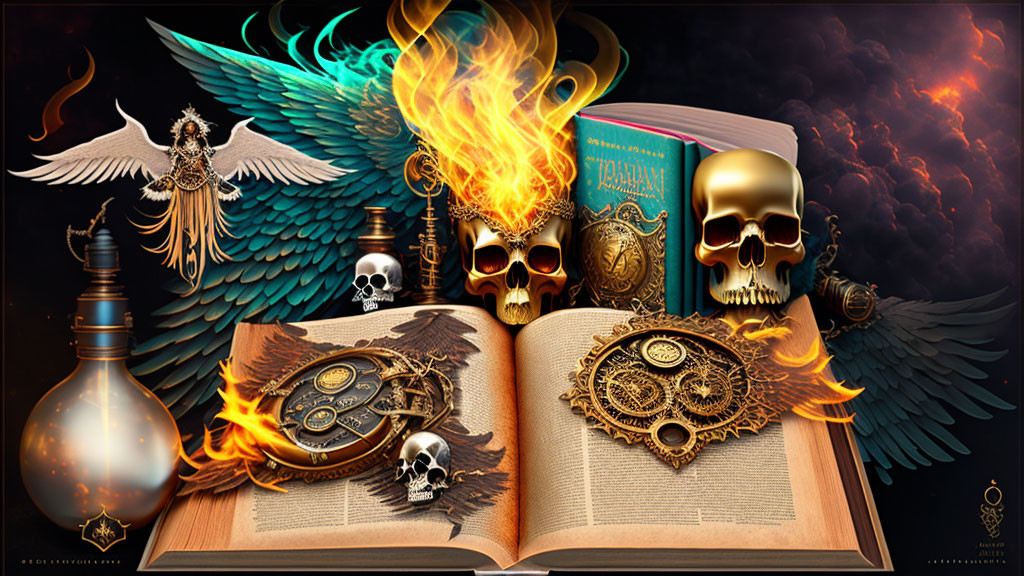 Fantasy-themed image with open book, gears, skulls, wings, and cosmic backdrop