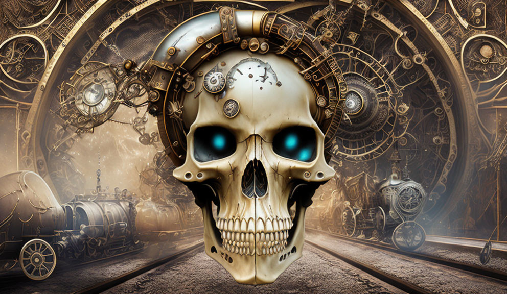 Steampunk-style digital art: Skull with mechanical elements and glowing blue eyes in gear-filled setting