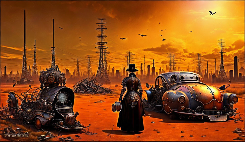 Person in Top Hat in Dystopian Landscape with Abandoned Cars and Industrial Towers