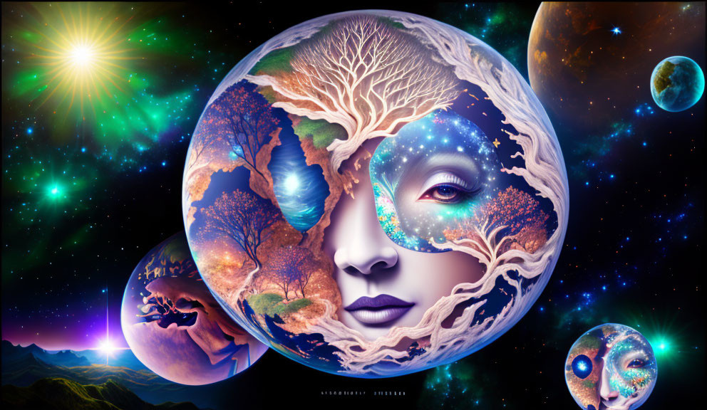 Colorful cosmic artwork: Human face merging with tree in celestial setting