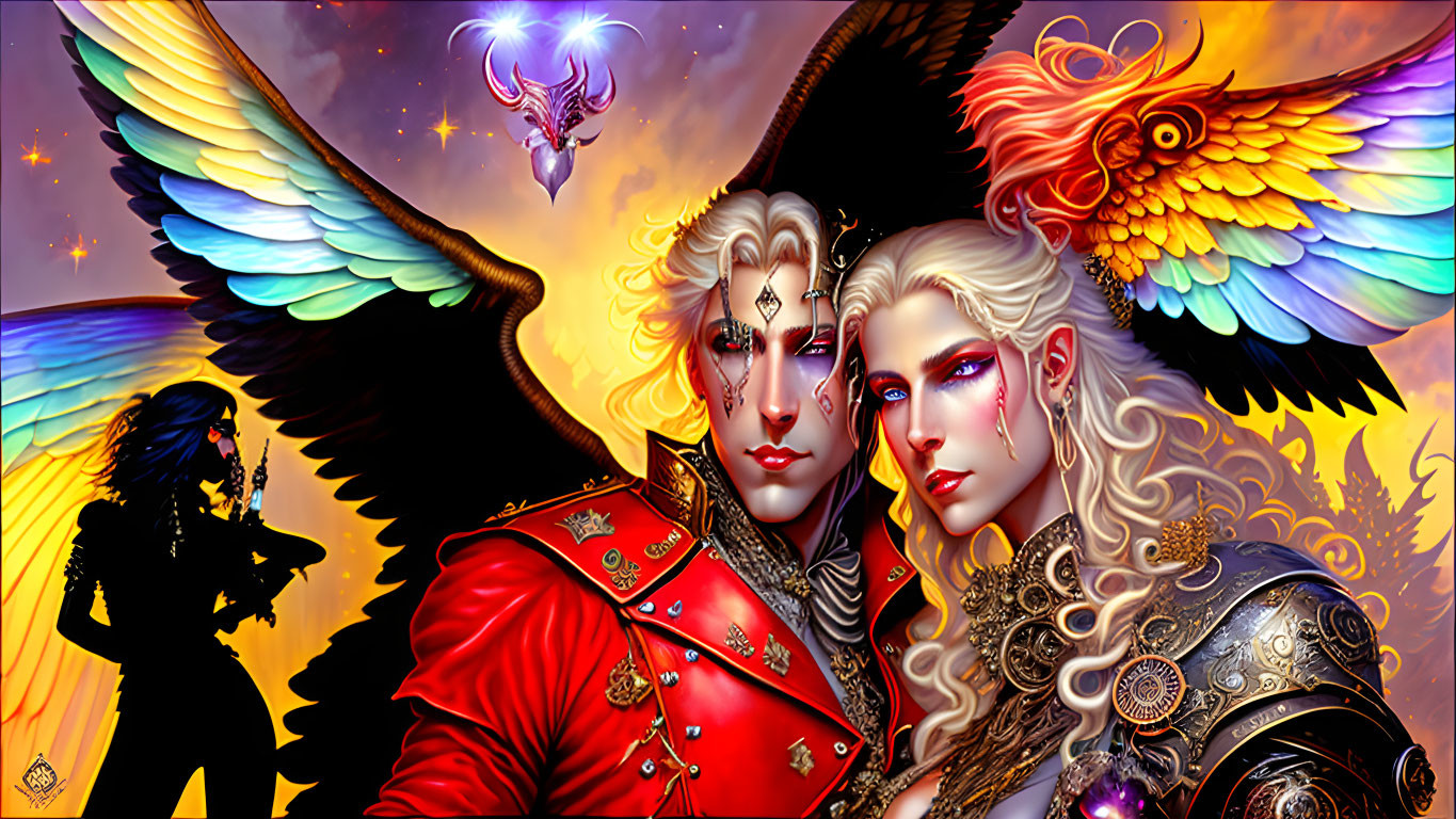 Colorful winged beings in elaborate attire against cosmic backdrop
