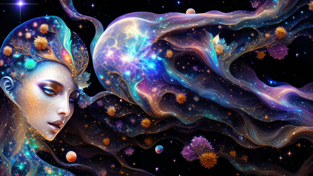 Fantasy illustration of woman with space-themed skin and hair in cosmic background