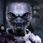 Detailed Alien Robotic Head with Glowing Eyes in Cosmic Background