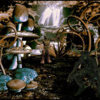 Fantasy landscape with waterfall, oversized mushrooms, and lush vegetation
