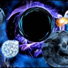 Colorful cosmic scene with planets, skull, spaceships, and wormhole portal on starry background