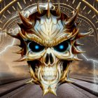 Steampunk-style digital art: Skull with mechanical elements and glowing blue eyes in gear-filled setting