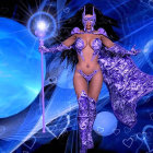 Cosmic-themed female entity with wings in vibrant starry backdrop