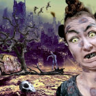 Gothic woman with skull makeup in desolate landscape with bats