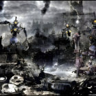Dystopian landscape with colossal robots and ruins