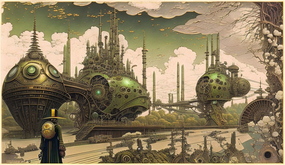Person in green coat and hat views steampunk city with airships and machinery