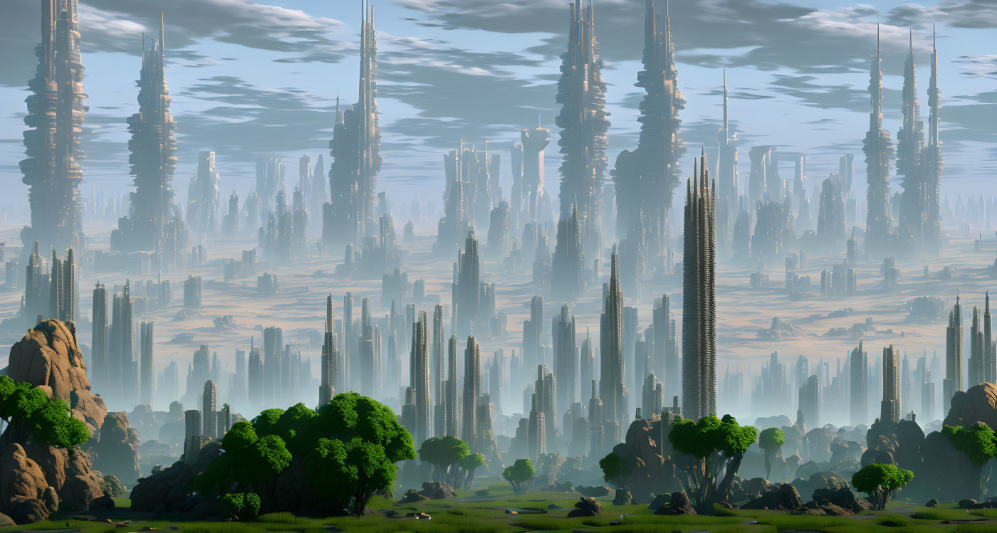 Futuristic cityscape with needle-like skyscrapers and greenery under blue sky