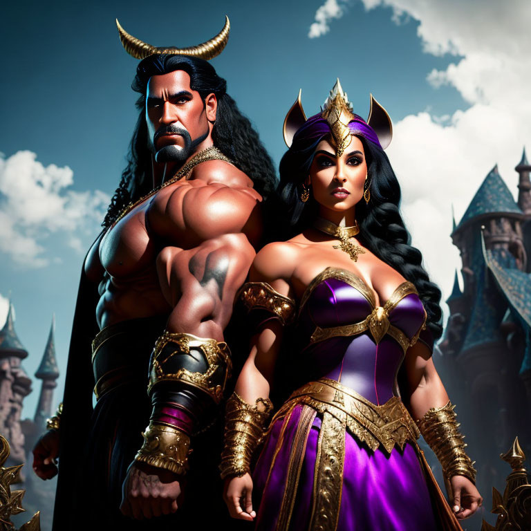 Fantasy royalty couple with muscular man, castle, and blue sky