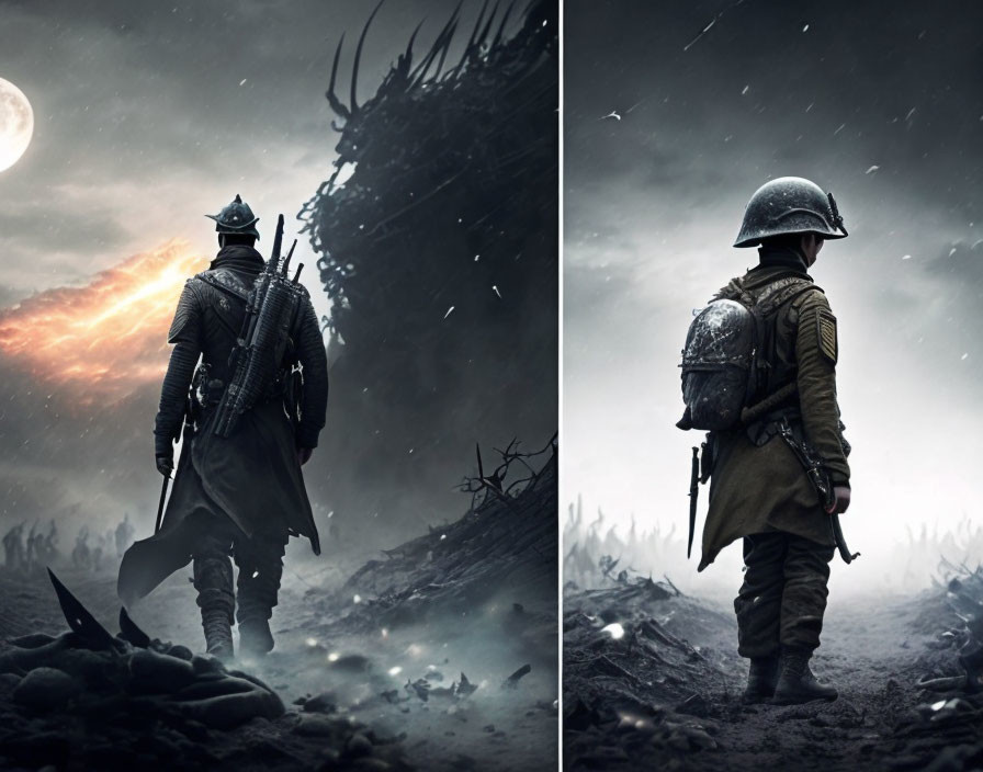 Medieval and WWI warriors on battlefield under somber sky