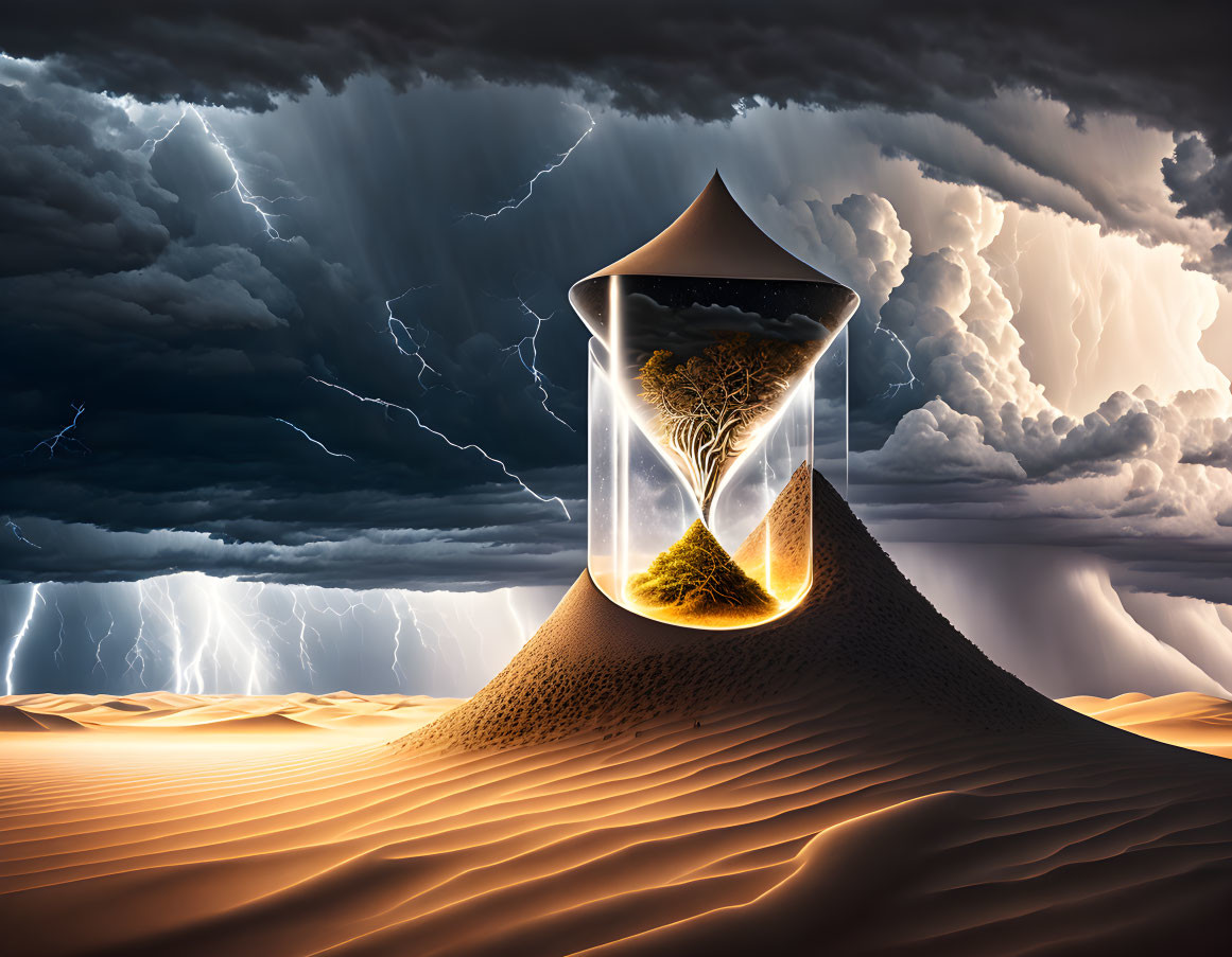 Surreal landscape with hourglass, tree, desert, thunder clouds