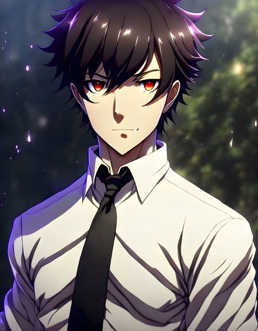 Spiky Black Hair Anime Character in White Shirt and Black Tie with Red Eyes Against Glowing Part