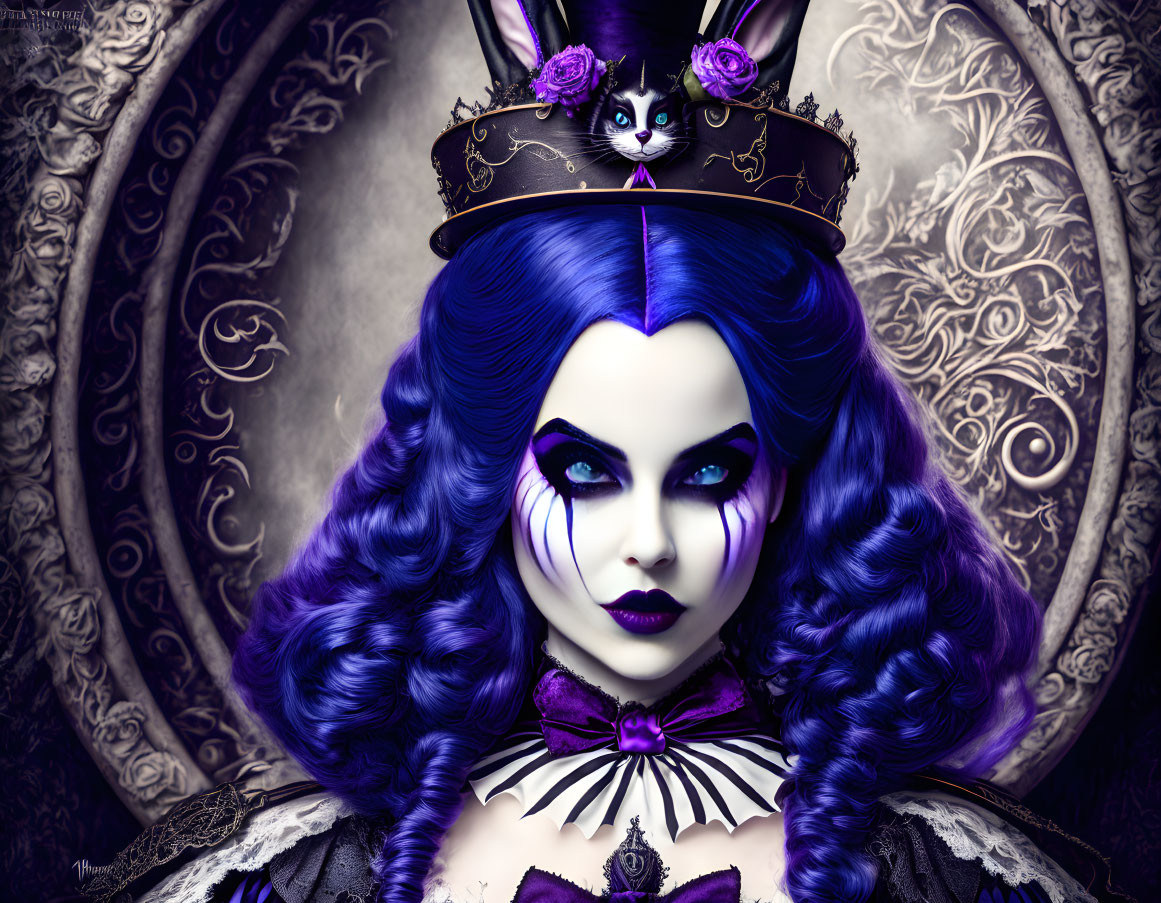Blue-skinned Gothic female with purple hair and cat crown on baroque background