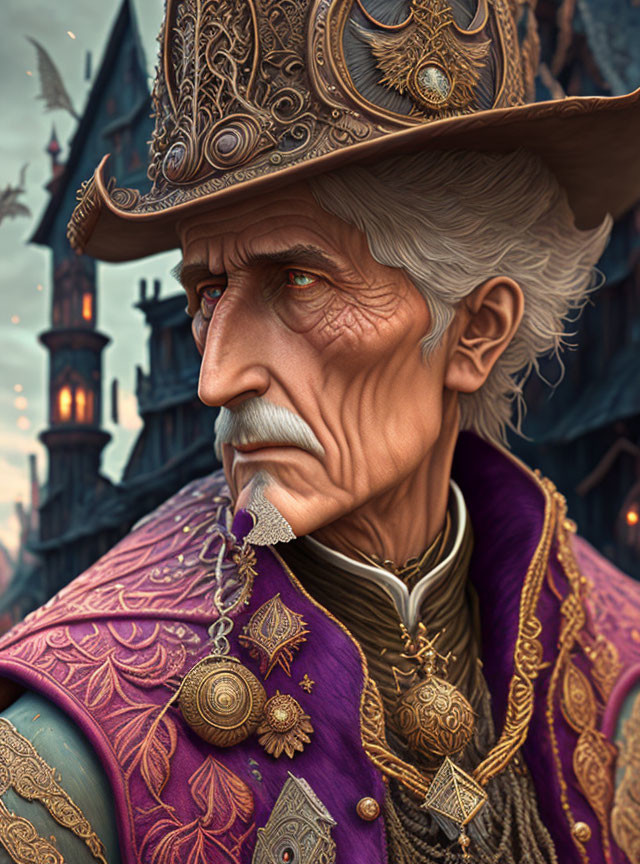 Elderly Man in Purple Renaissance Attire with Castle Background