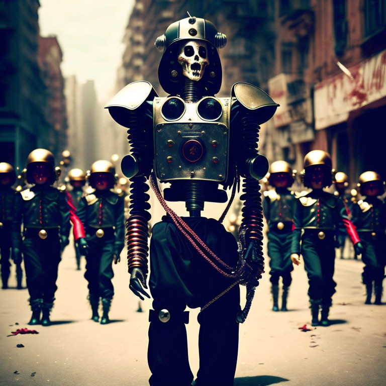 Vintage Robot Leads Soldiers Through City Street