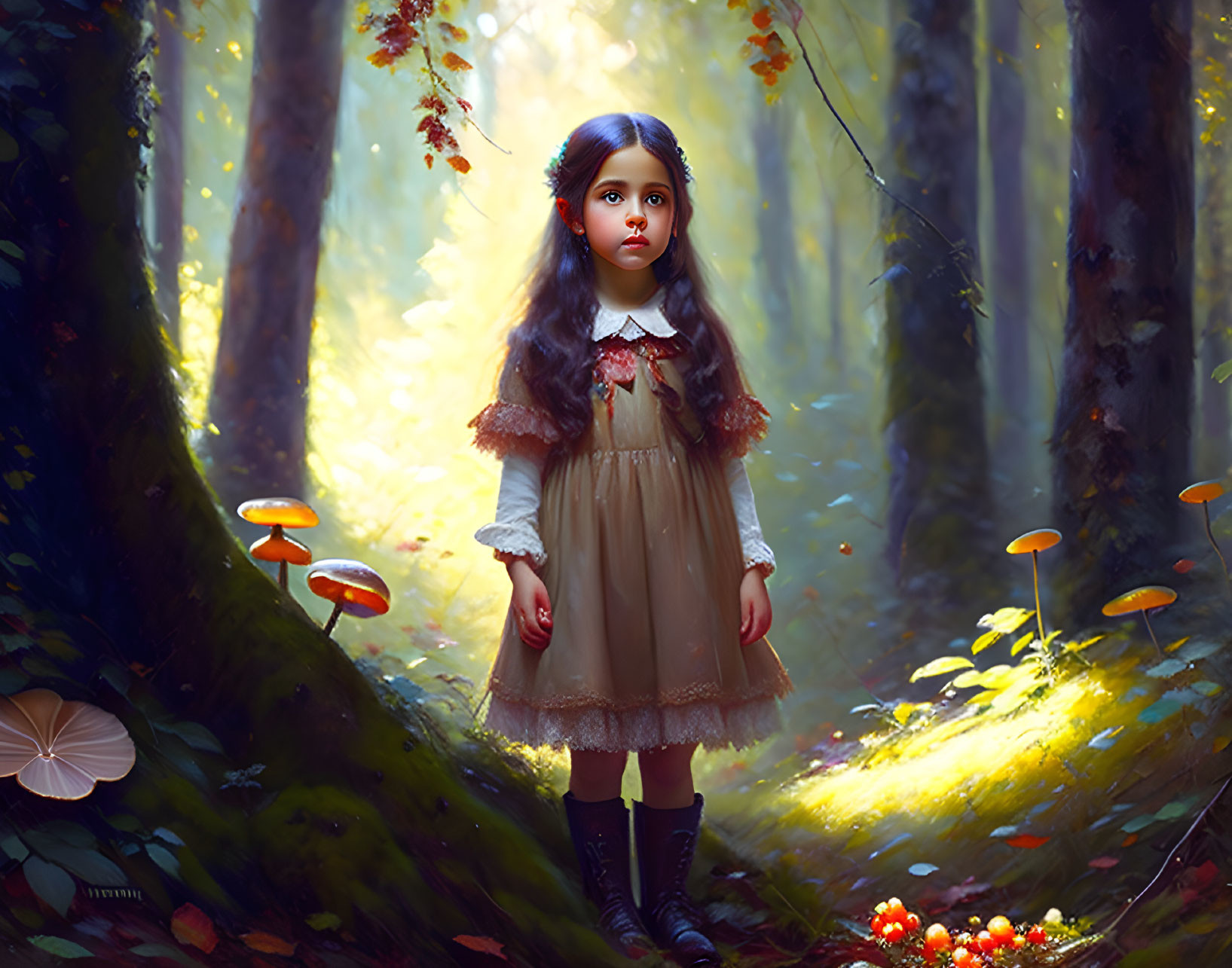 Young girl in vintage dress in enchanted forest with sunlight and mushrooms.