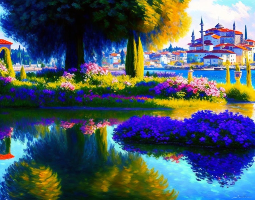 Serene lakeside village painting with lush scenery and mosque.