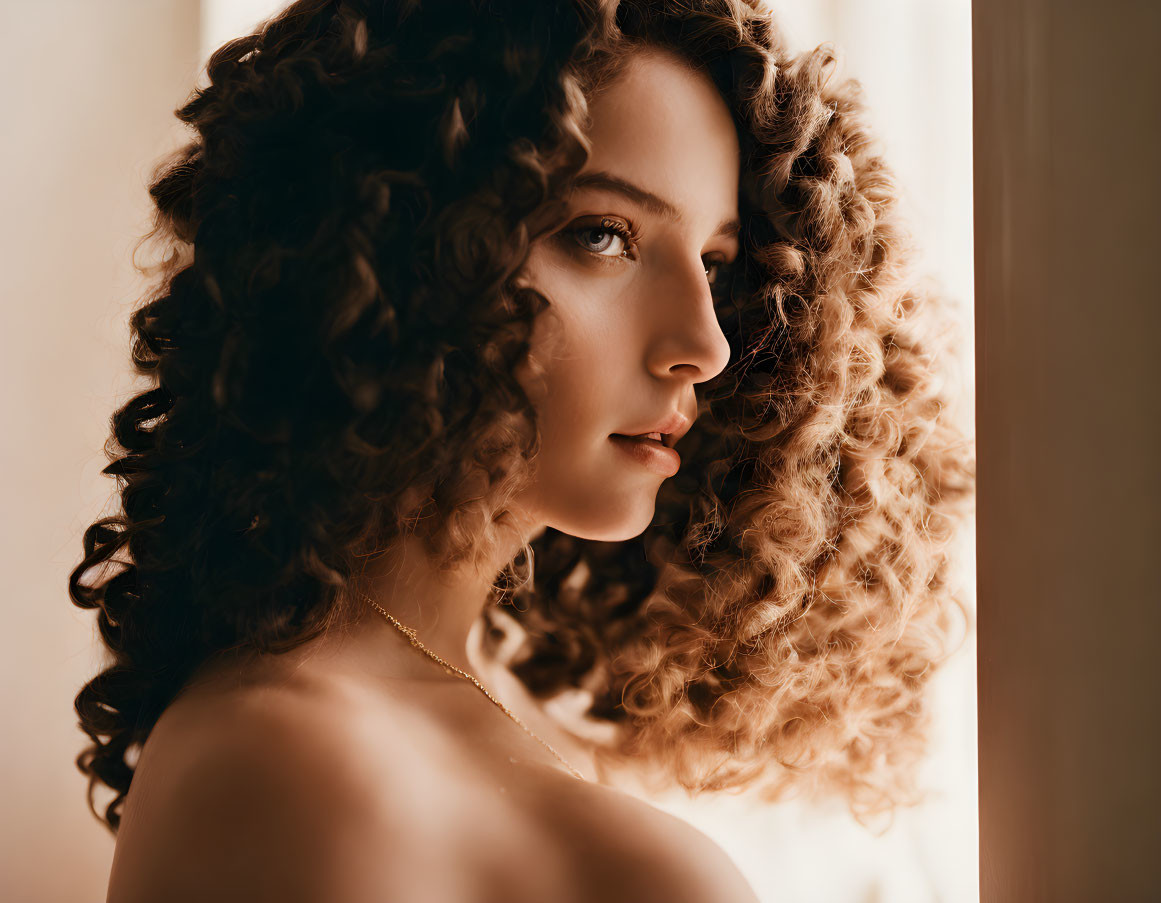 Curly Haired Woman Looking Out Window with Light Highlighting Profile