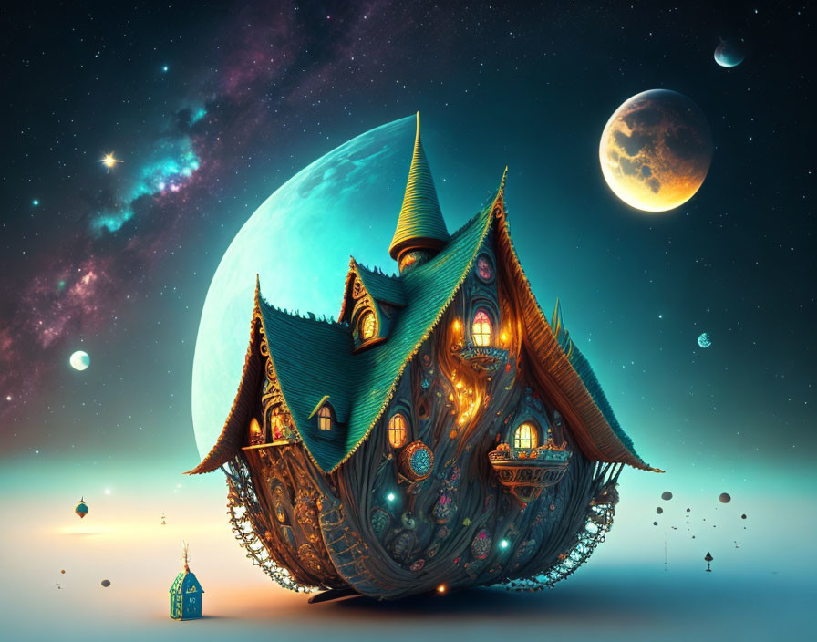 Fantastical castle with pointed roofs under cosmic sky