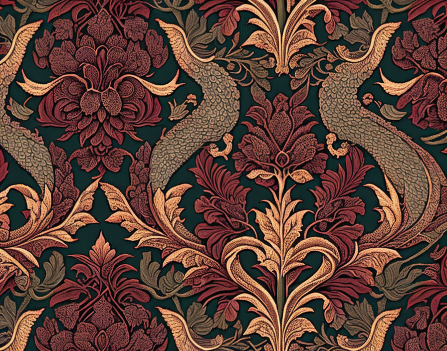 Floral Pattern with Red, Gold, and Green Leaves on Dark Background