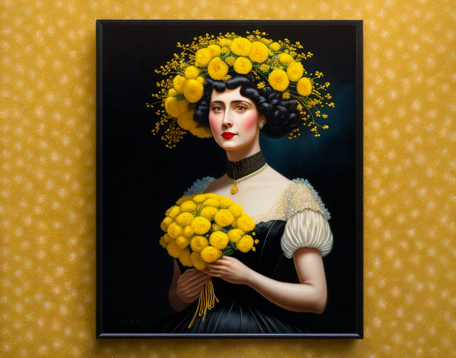 Portrait of woman with elaborate headdress and yellow flower bouquet on dotted background
