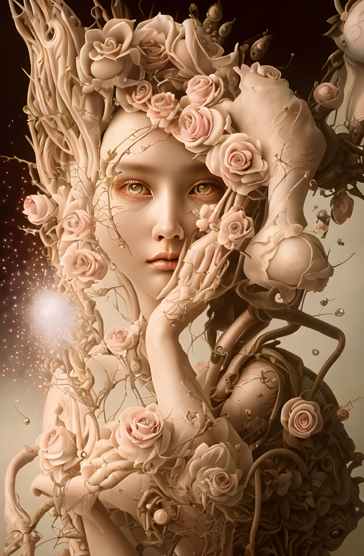 Mystical figure with floral and tree-like elements and captivating amber eyes