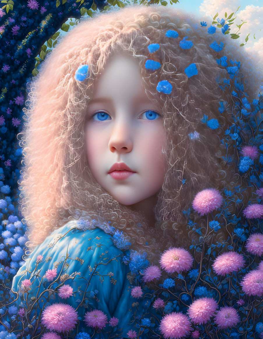 Surreal portrait of girl with curly hair and blue eyes in vibrant floral setting