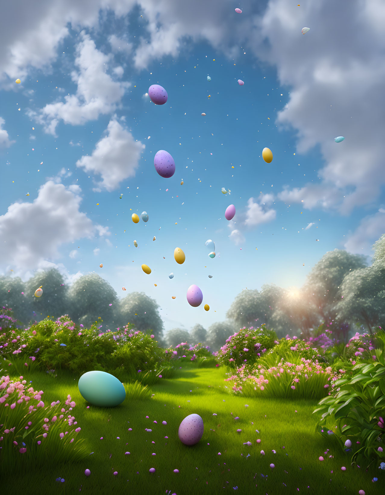 Vibrant Easter eggs above blooming garden under sunny sky