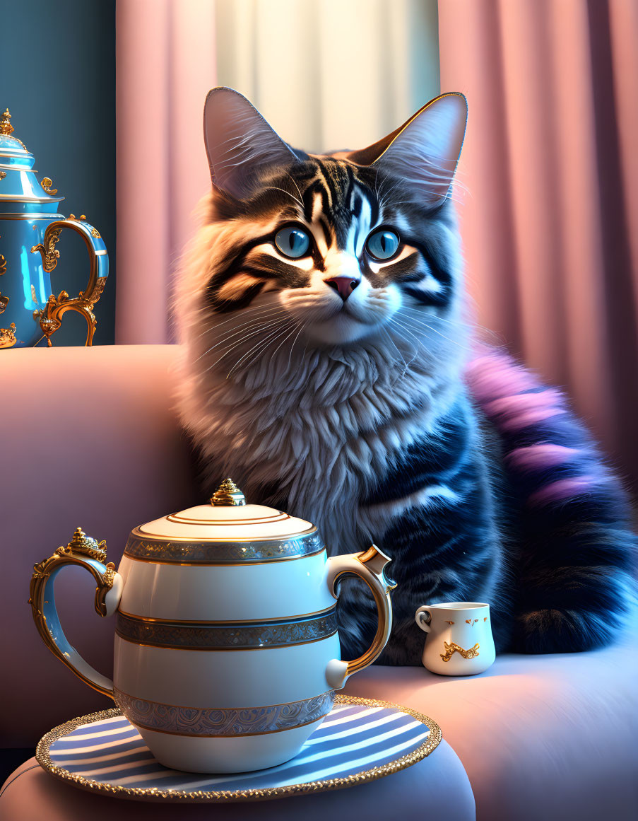 Blue-eyed cat next to teapot and cup in soft lighting
