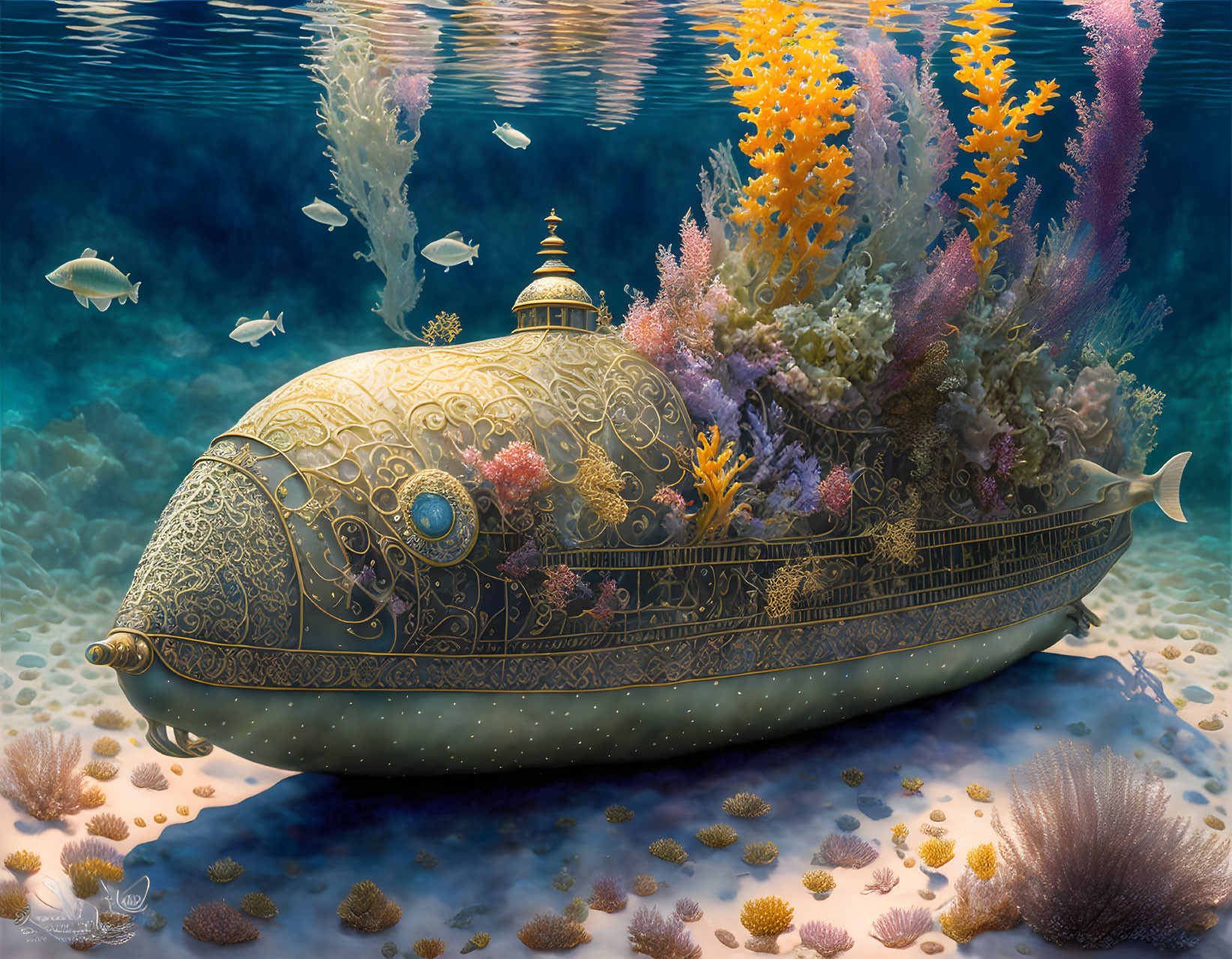 Ornate Whale-Inspired Submarine in Vibrant Underwater Scene