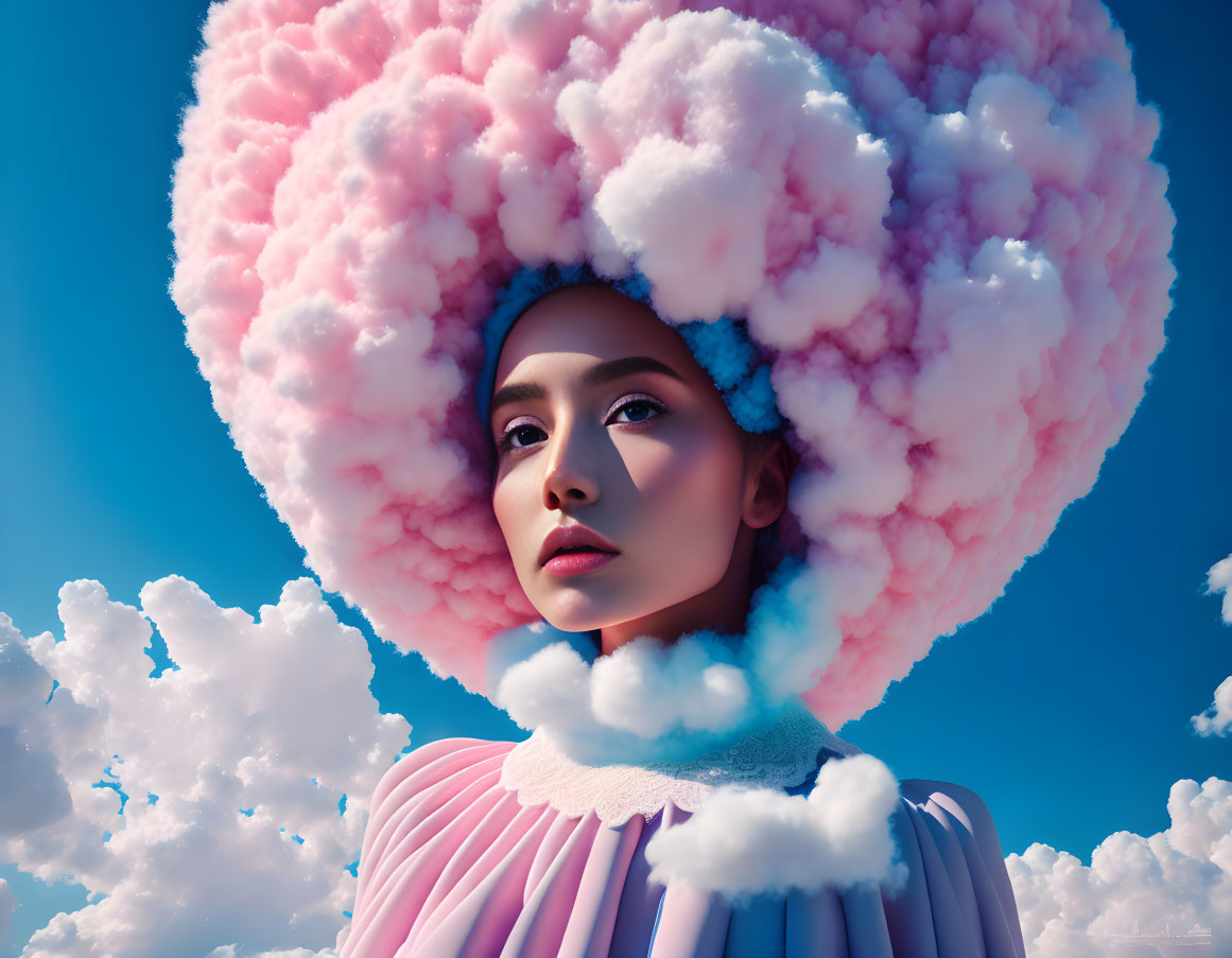 Woman wearing large pink and blue cloud headpiece under fluffy sky.