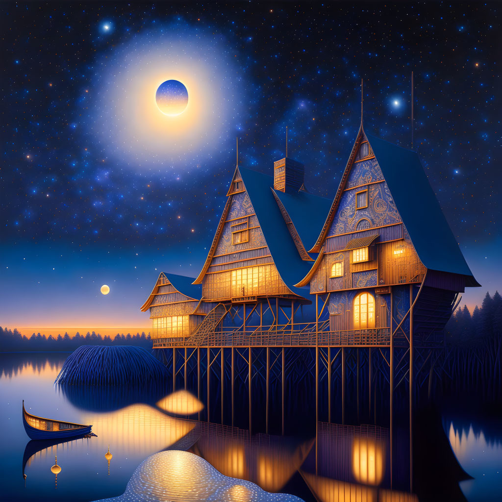 Starry night scene with moonlit lake and wooden house