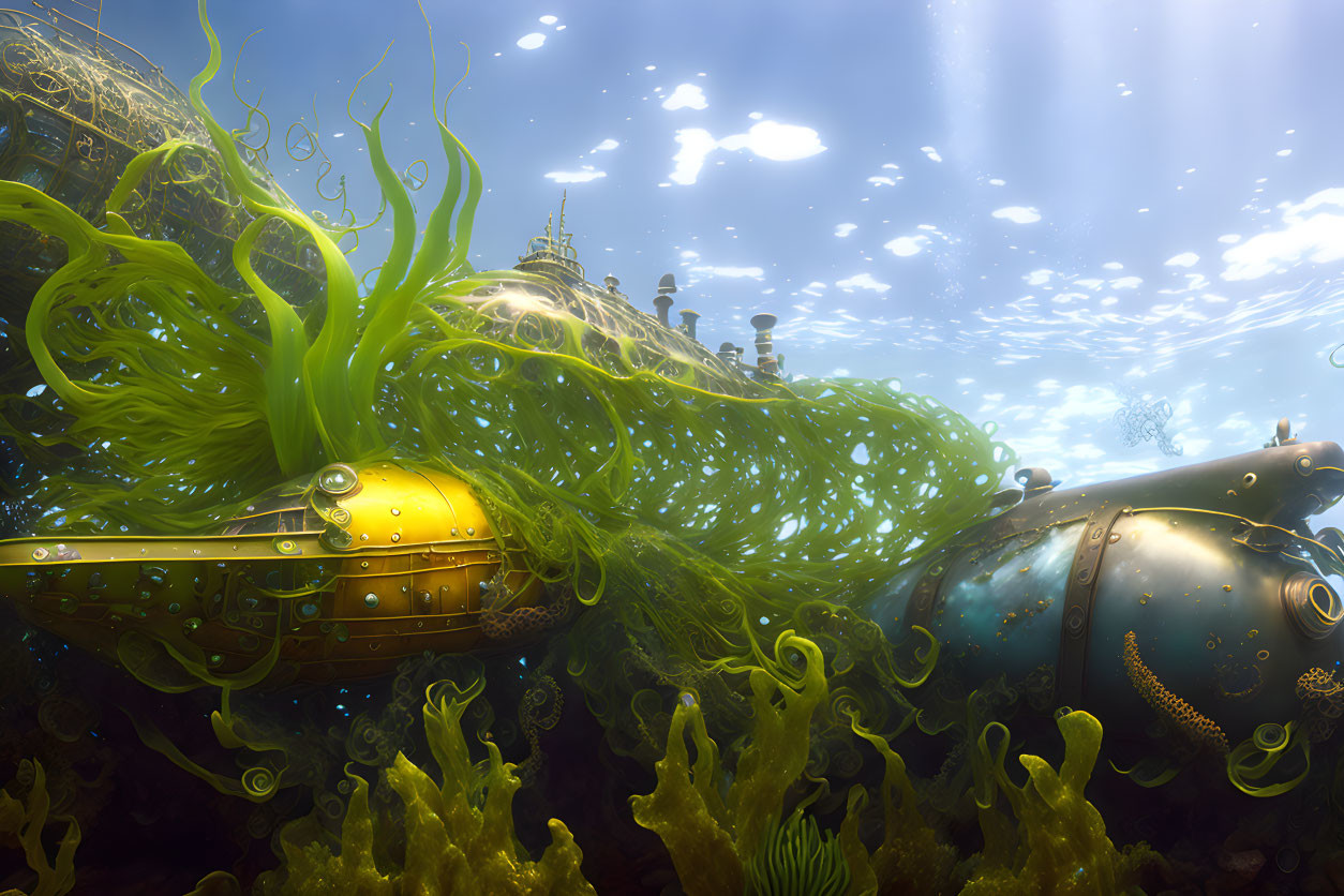 Steampunk-style submarines in vibrant underwater scene
