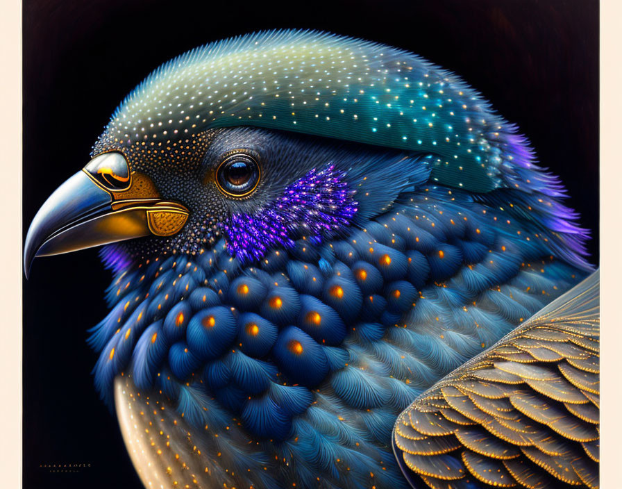 Colorful bird digital art: blue body, purple accents, golden beak