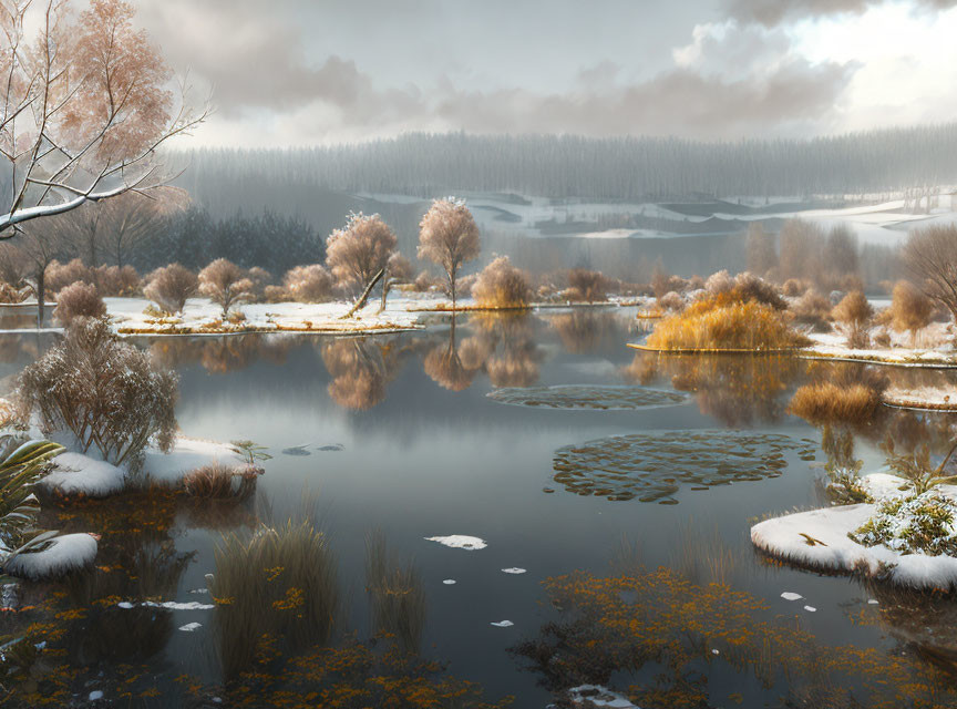 Winter Pond Scene: Snow-covered vegetation, frosted trees, and warm sunlight reflected on still waters.