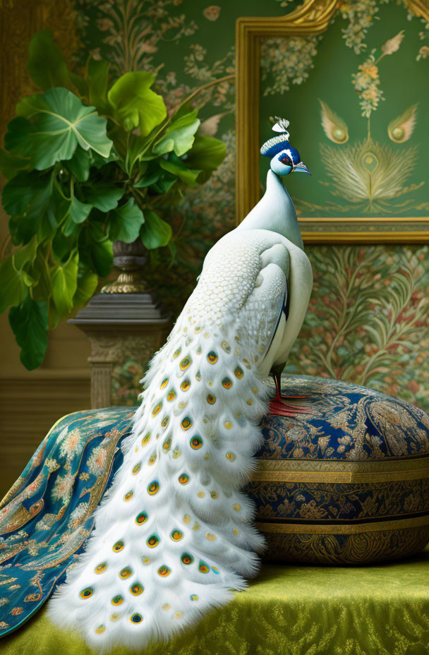 White peacock with blue neck in opulent room with vintage wallpaper