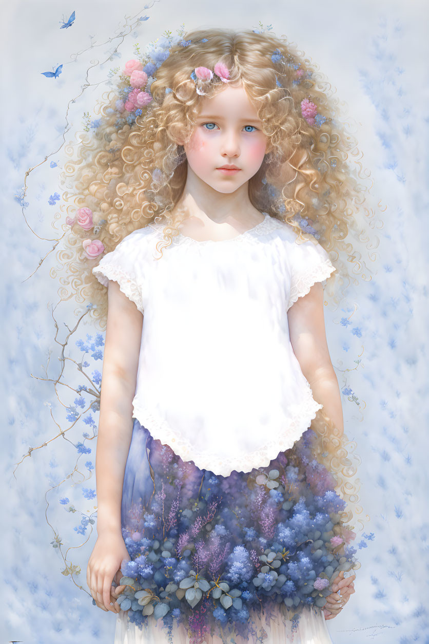 Young girl with curly blonde hair and flowers in a digital painting