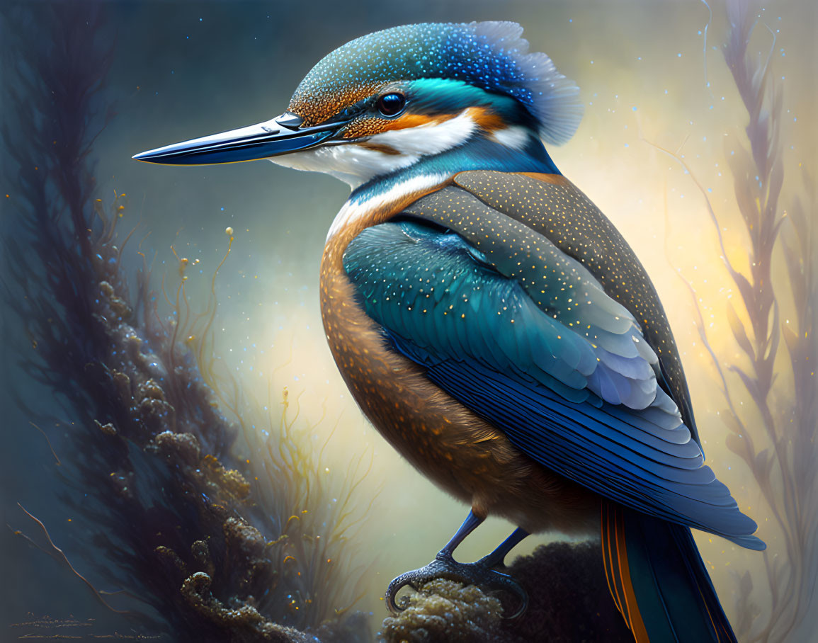 Detailed Kingfisher Illustration Among Reeds with Warm Glow