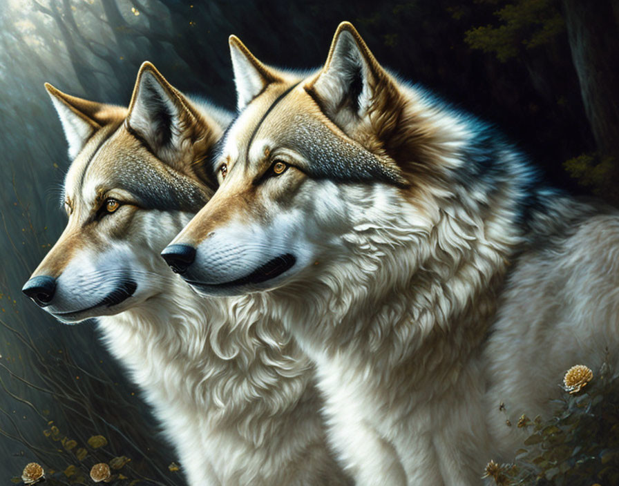 Two wolves with thick fur in forest setting, one darker than the other