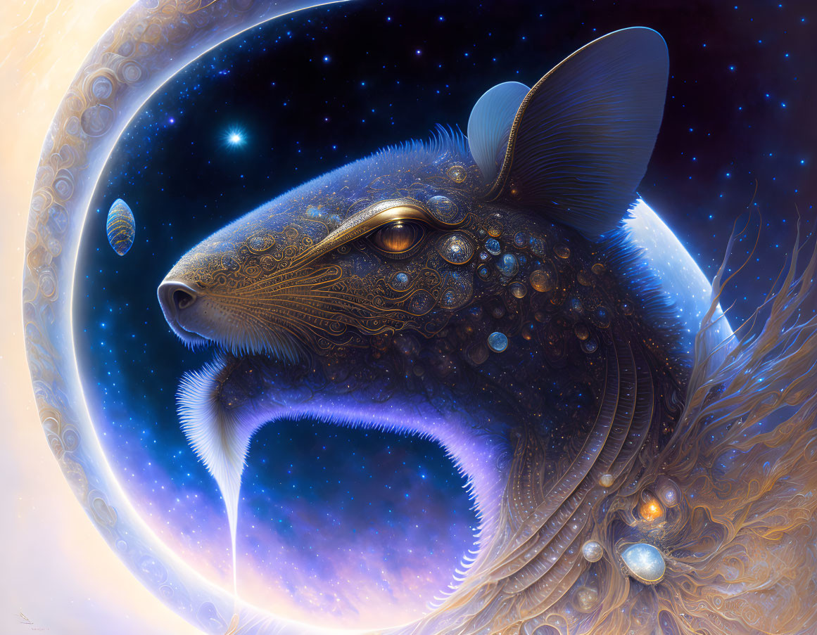 Celestial fox head digital illustration with cosmic elements