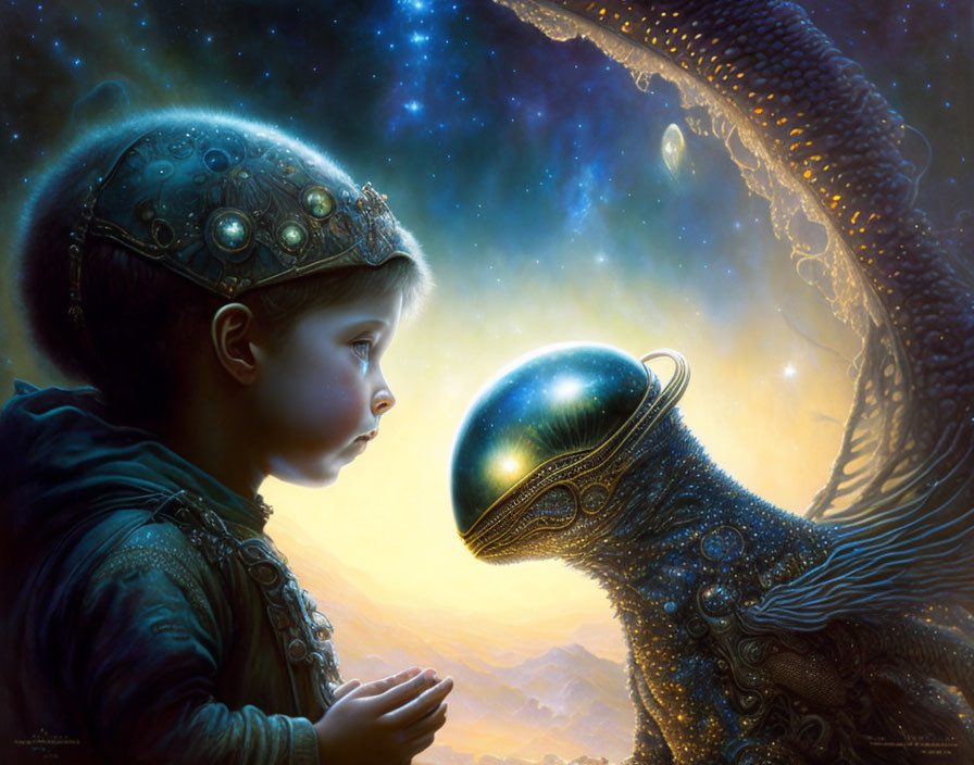 Child in Bejeweled Cap Observes Mystical Alien Creature Under Starry Sky