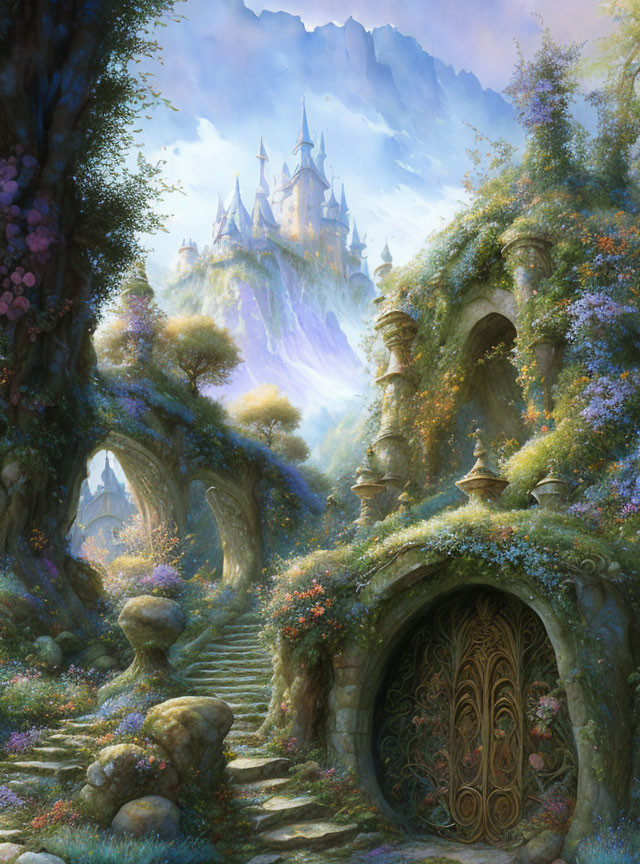 Fantasy landscape with castle, spiral staircase, vibrant flora, and hobbit-style doorway