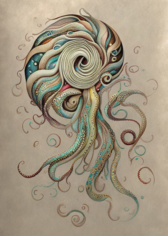 Detailed Octopus Artwork with Swirling Patterns on Beige Background