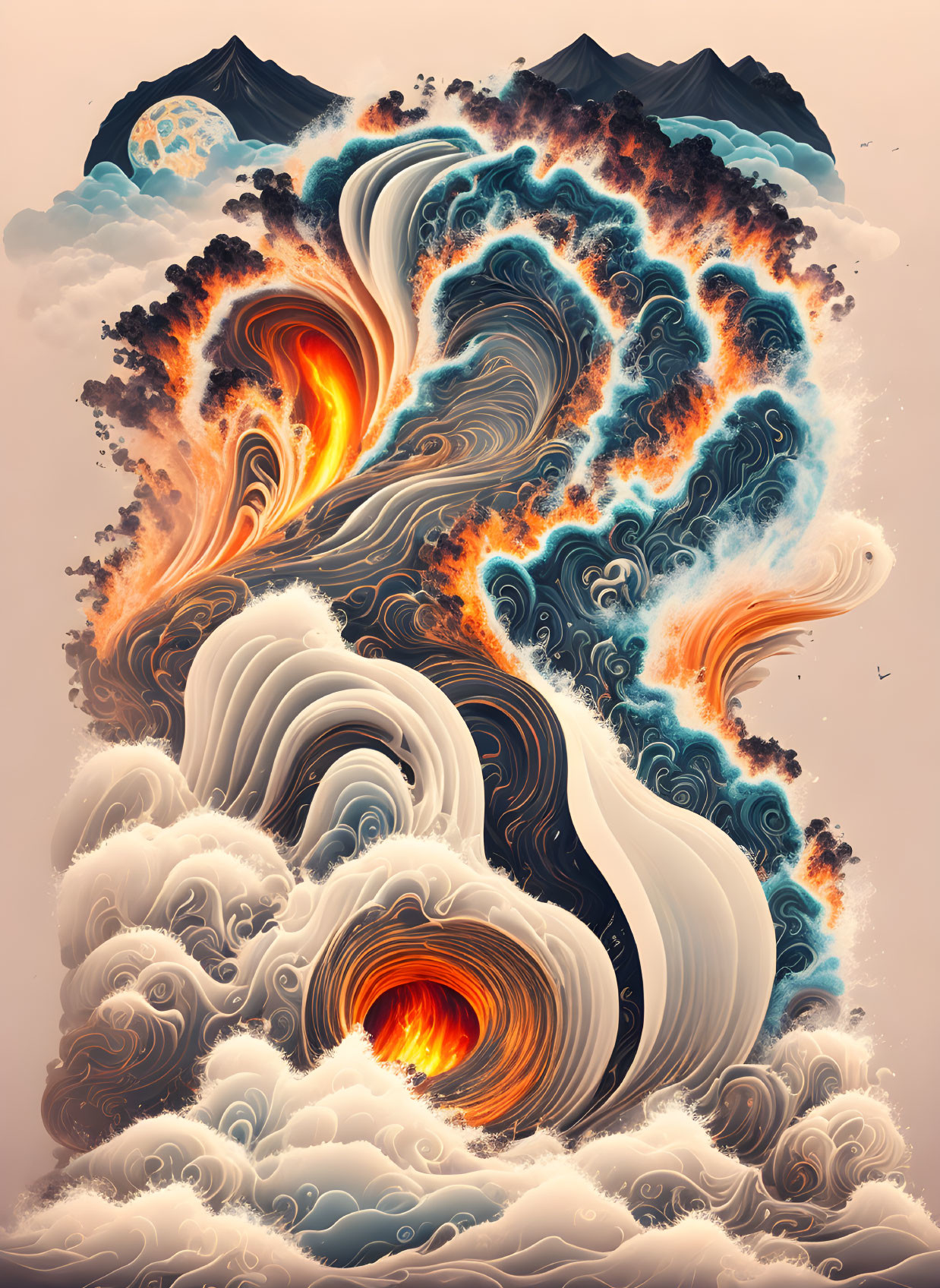 Surreal yin-yang wave with fire and water elements against mountain backdrop
