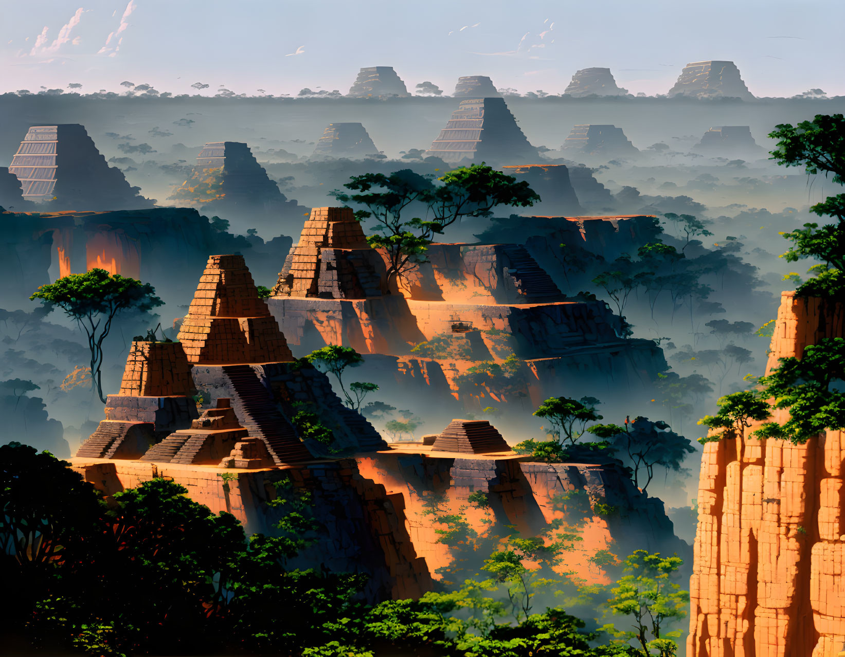 Misty forest cliffs with pyramid-like structures at sunrise