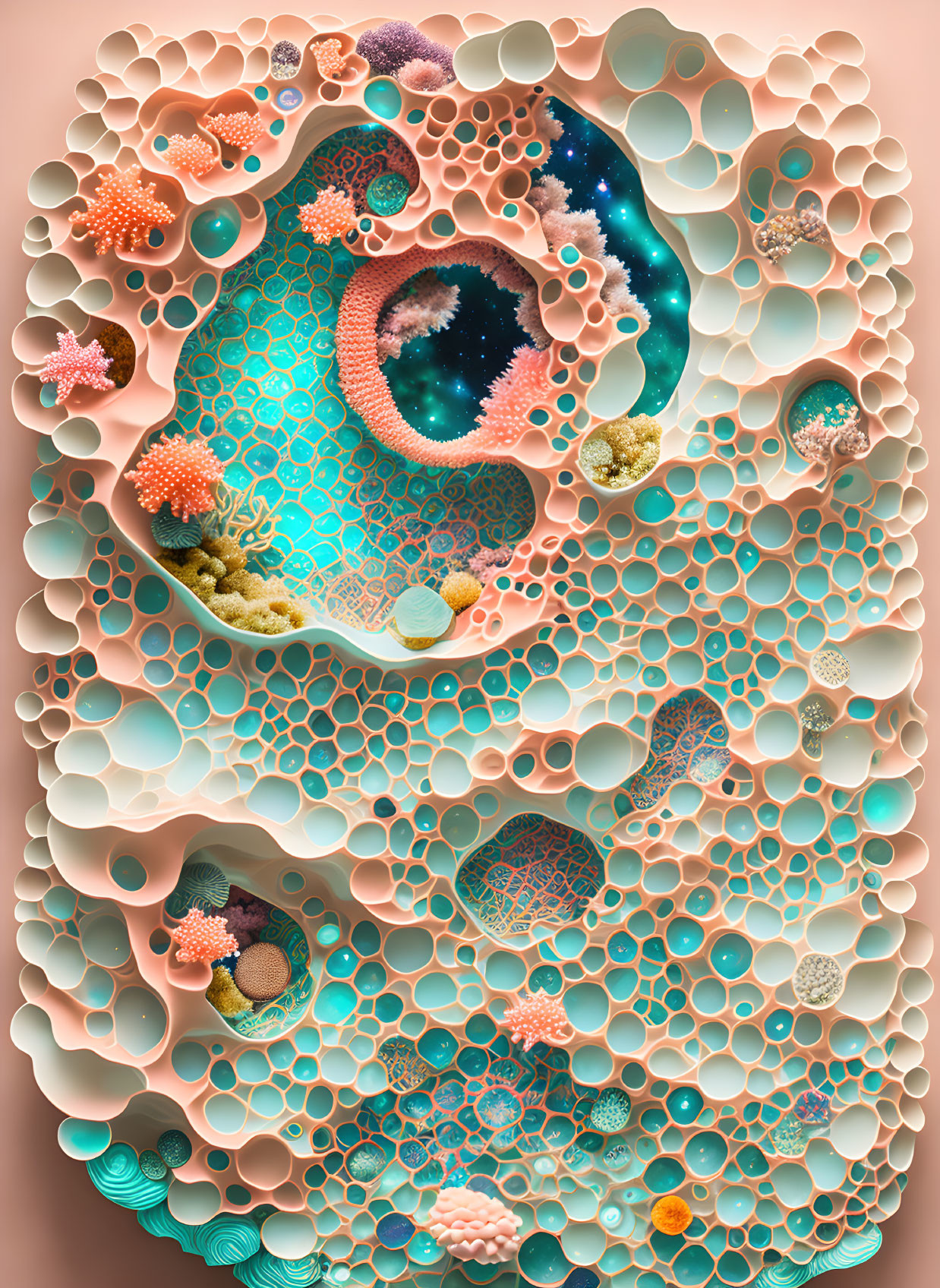 Surreal digital art: Aquatic and cosmic motifs in honeycomb structure