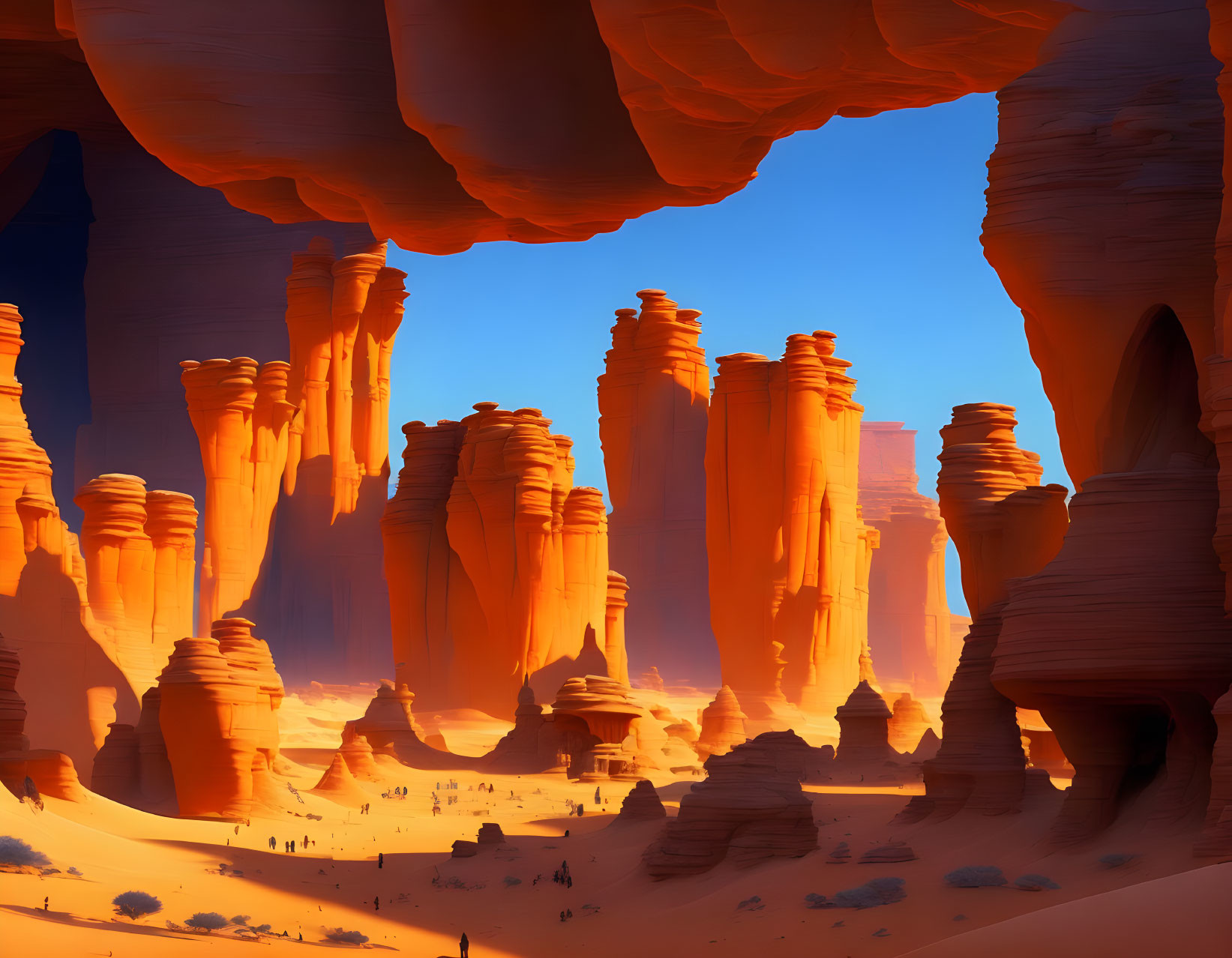 Vivid desert landscape with orange sandstone pillars under blue sky